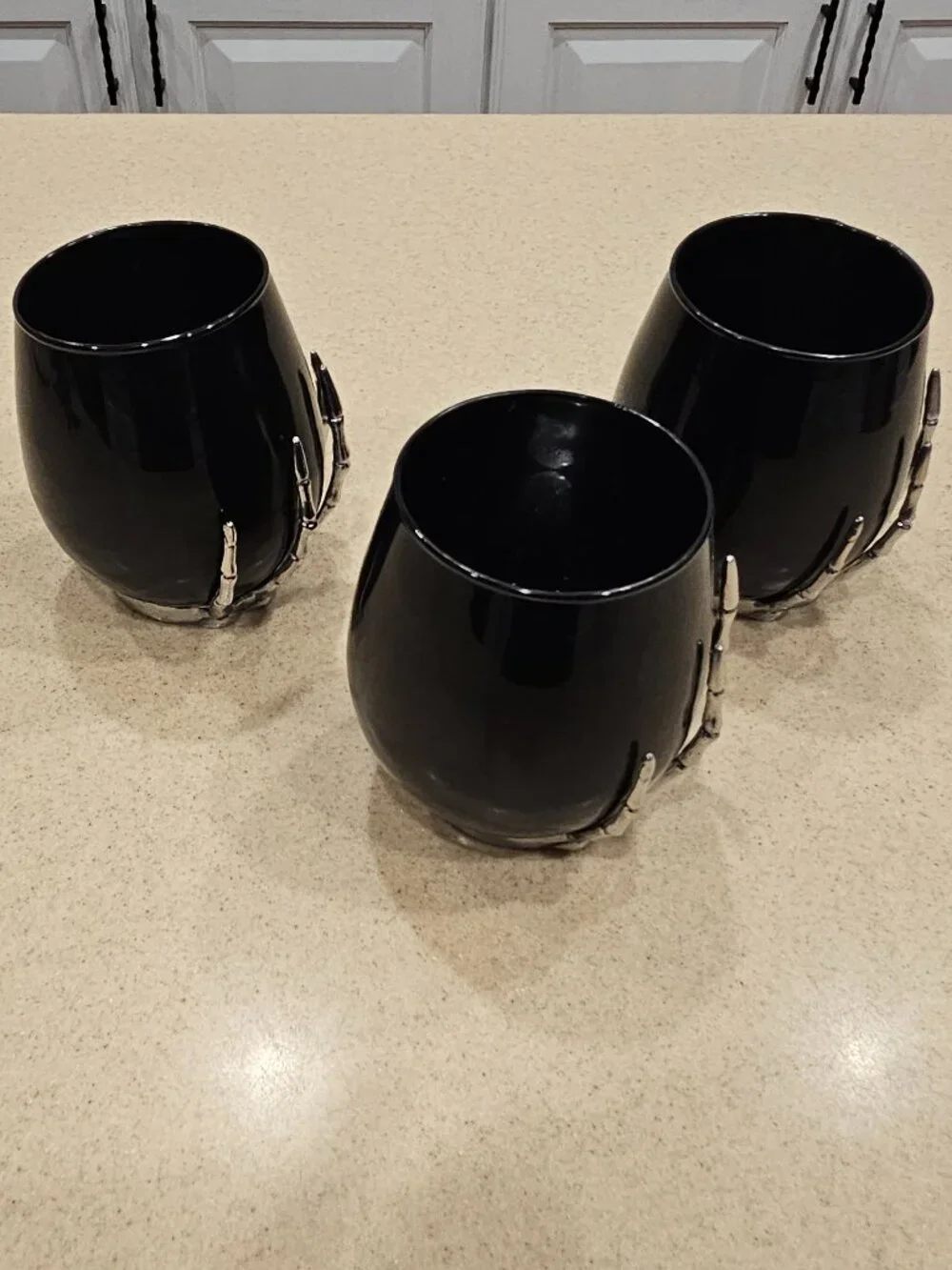 3 SPOOKY METAL SKULL SKELETON HAND BLACK STEMLESS WINE WATER BAR GLASS GOBLET